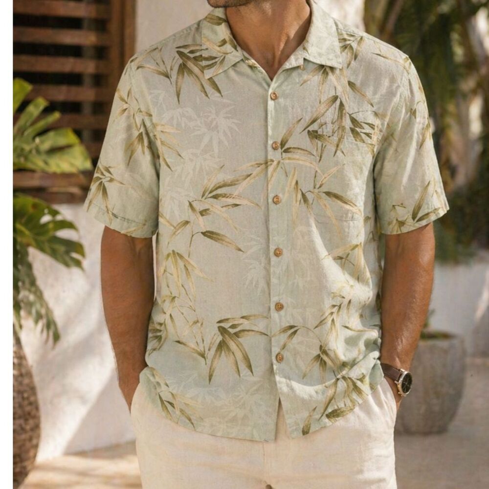 Jamaica Jaxx 100% Silk Hawaiian Shirt XL Sage Green Bamboo Tropical Island Beach